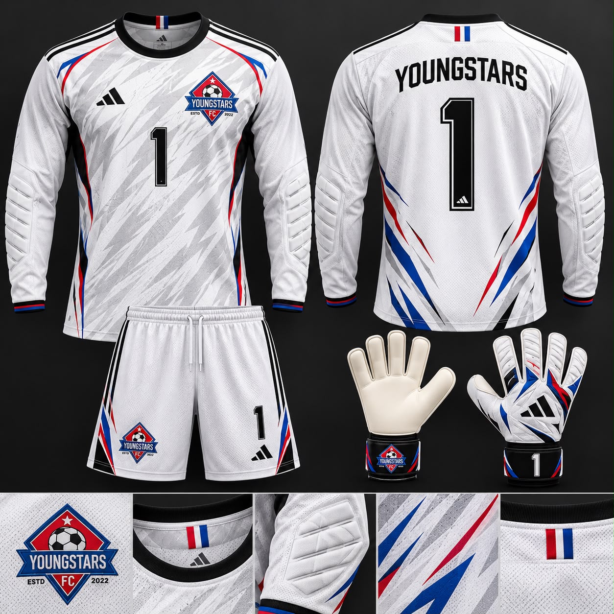 Official Youngstars FC white goalkeeper jersey kit with number 1